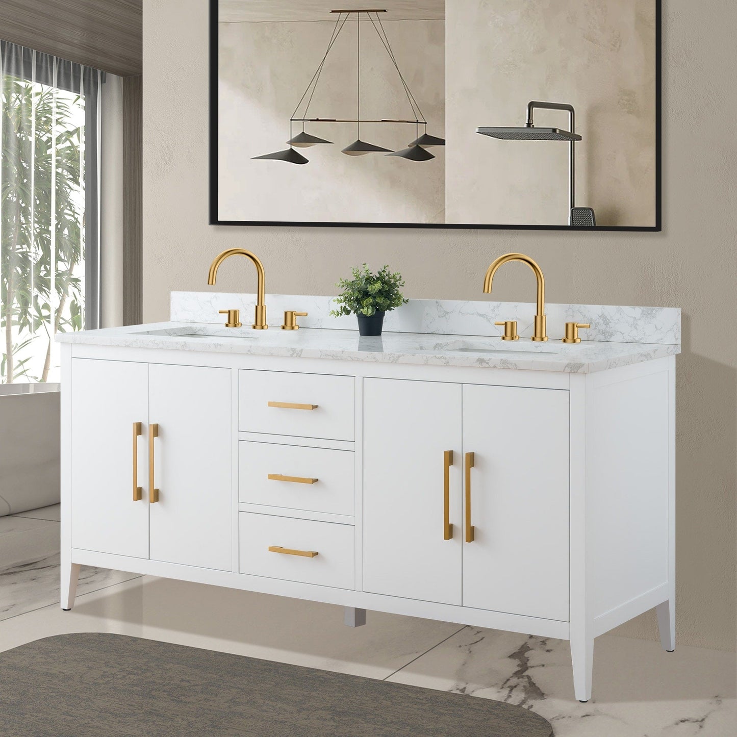Meuble-lavabo double vasque Vanity Art 72 avec plateau en marbre reconstitué