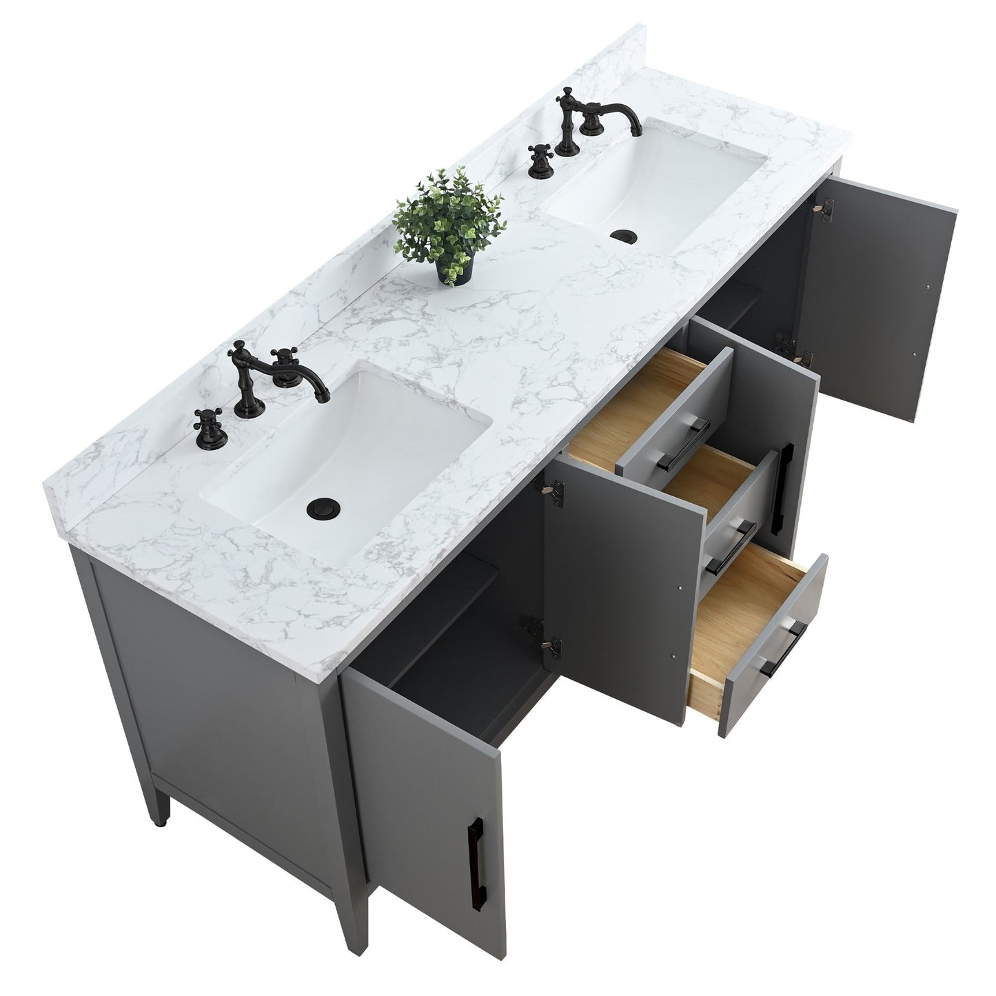 Meuble-lavabo double vasque Vanity Art 72 avec plateau en marbre reconstitué