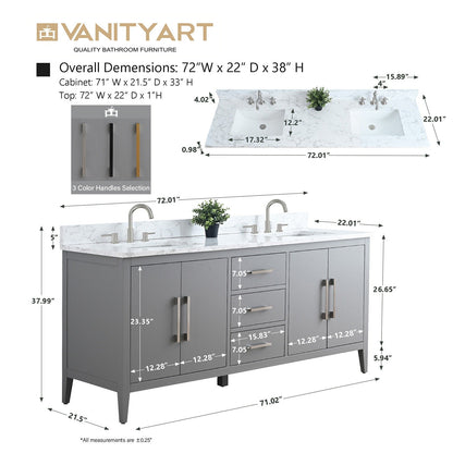 Meuble-lavabo double vasque Vanity Art 72 avec plateau en marbre reconstitué