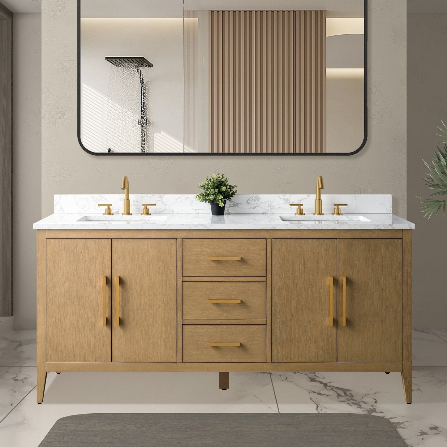 Meuble-lavabo double vasque Vanity Art 72 avec plateau en marbre reconstitué