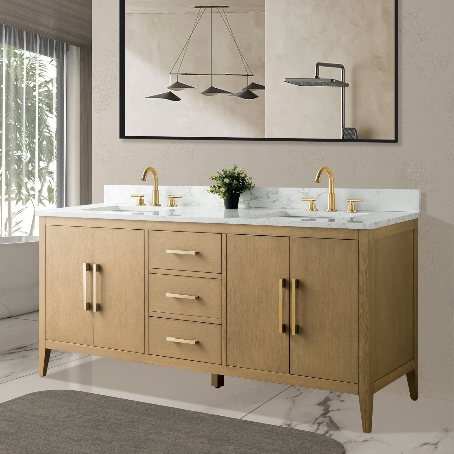 Meuble-lavabo double vasque Vanity Art 72 avec plateau en marbre reconstitué
