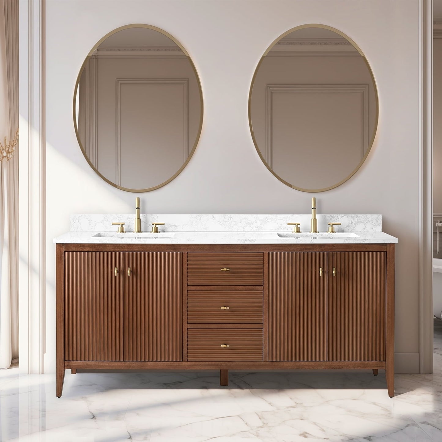 Meuble-lavabo double vasque Vanity Art 72 avec plateau en marbre reconstitué