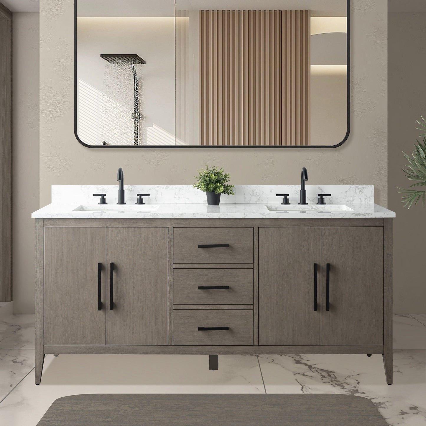 Meuble-lavabo double vasque Vanity Art 72 avec plateau en marbre reconstitué