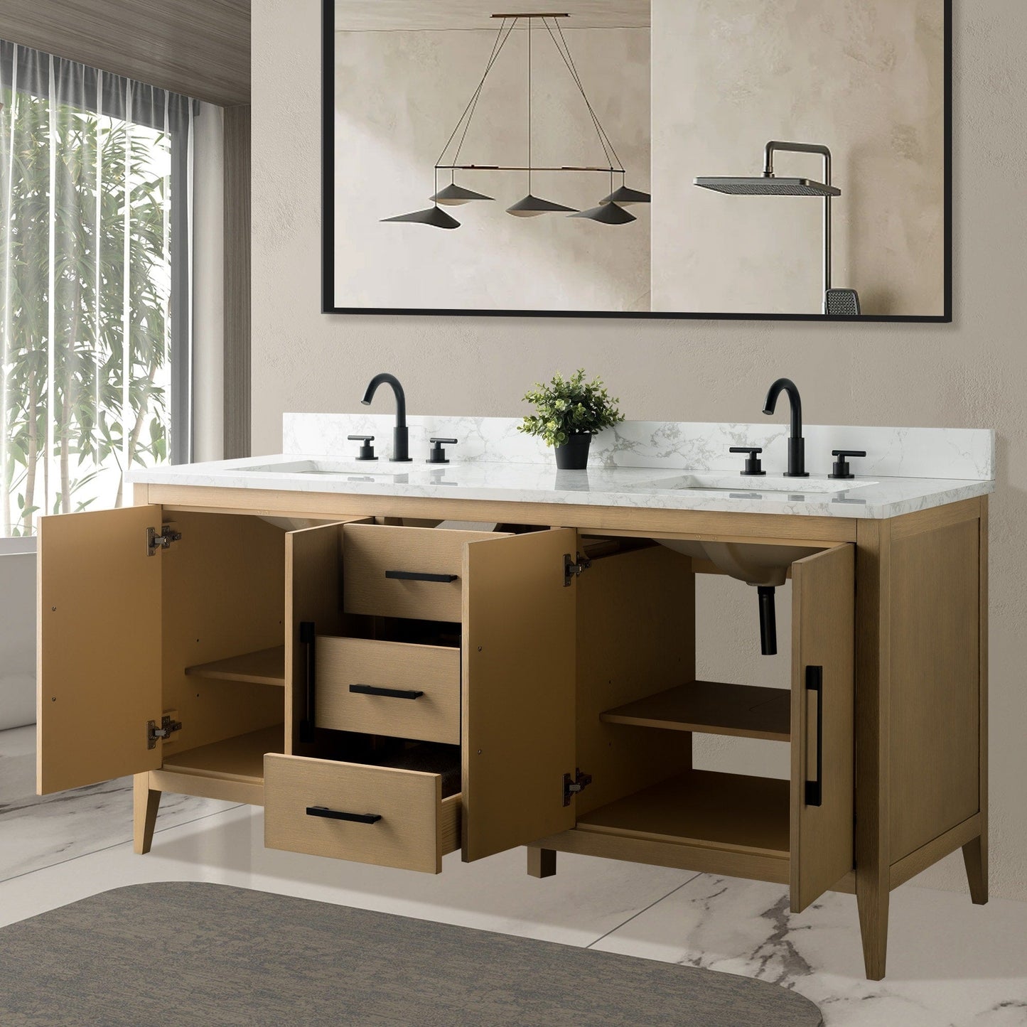 Meuble-lavabo double vasque Vanity Art 72 avec plateau en marbre reconstitué