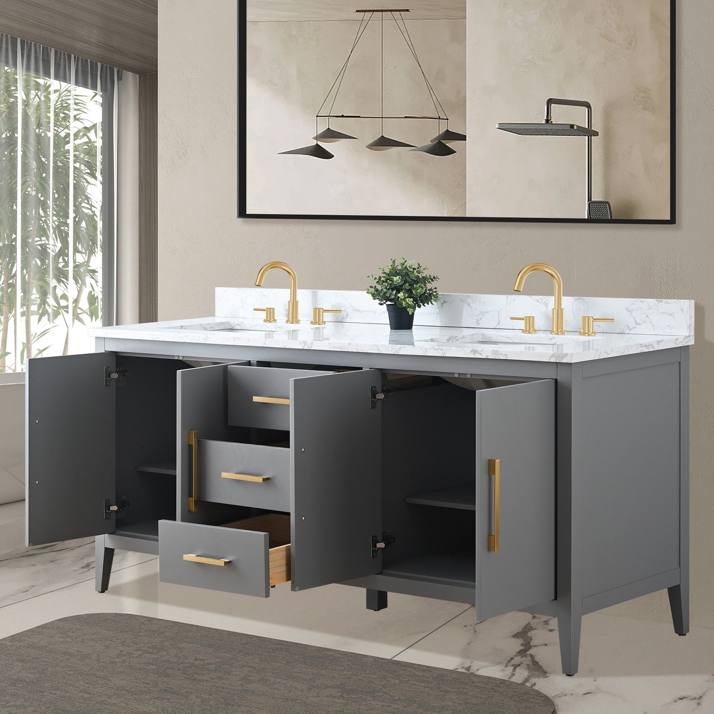 Meuble-lavabo double vasque Vanity Art 72 avec plateau en marbre reconstitué