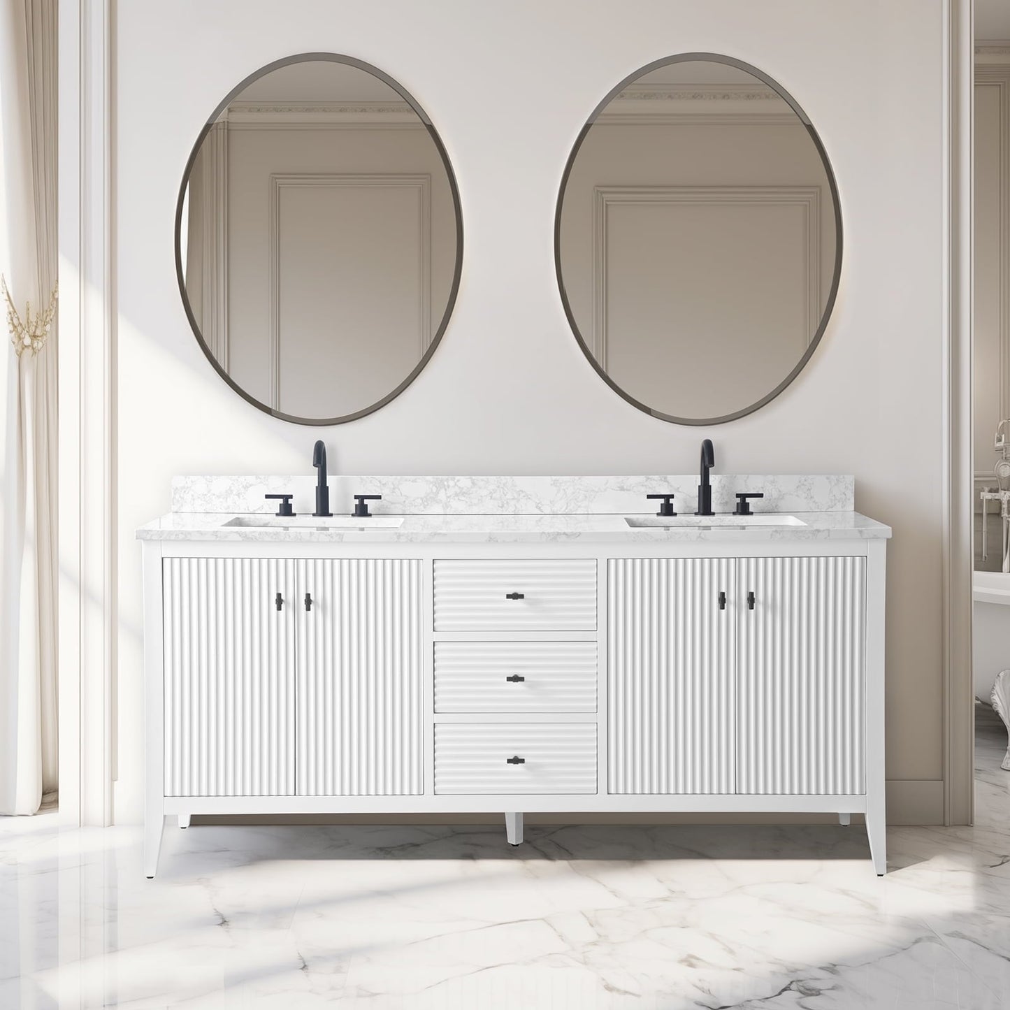 Meuble-lavabo double vasque Vanity Art 72 avec plateau en marbre reconstitué