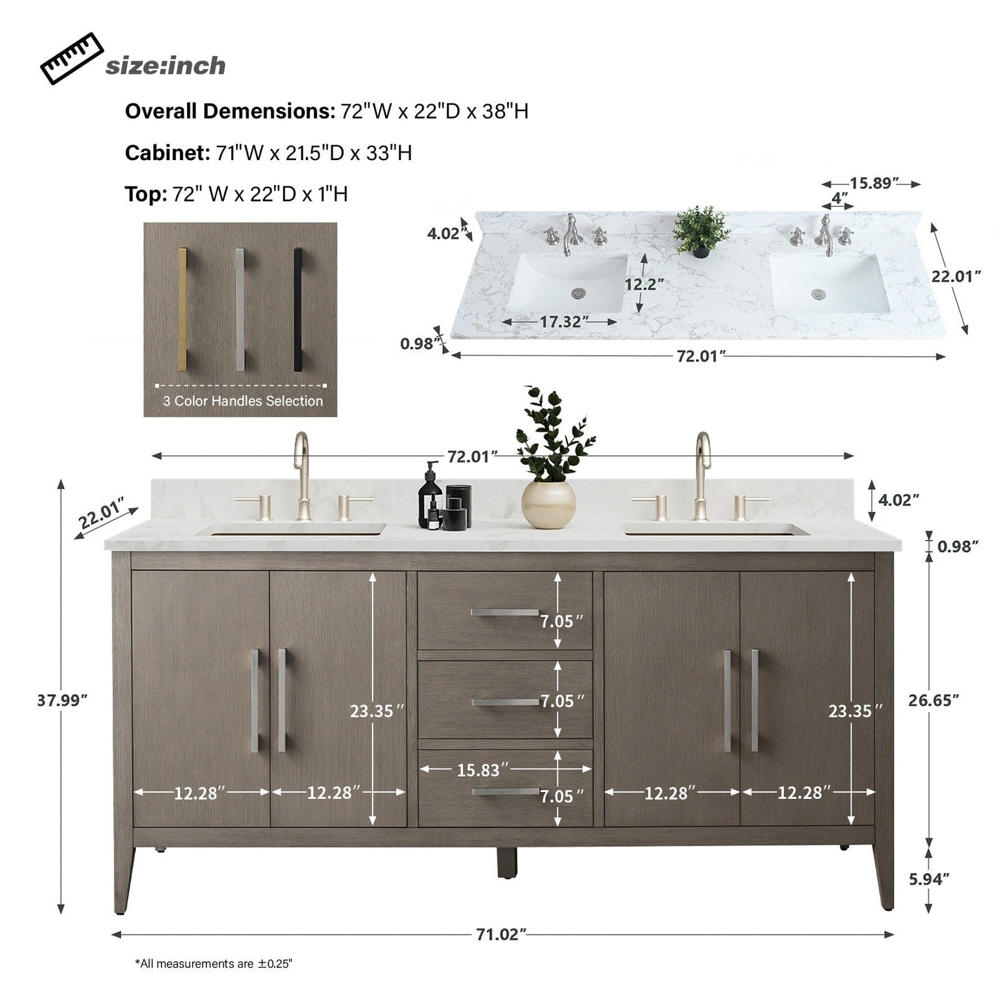 Meuble-lavabo double vasque Vanity Art 72 avec plateau en marbre reconstitué