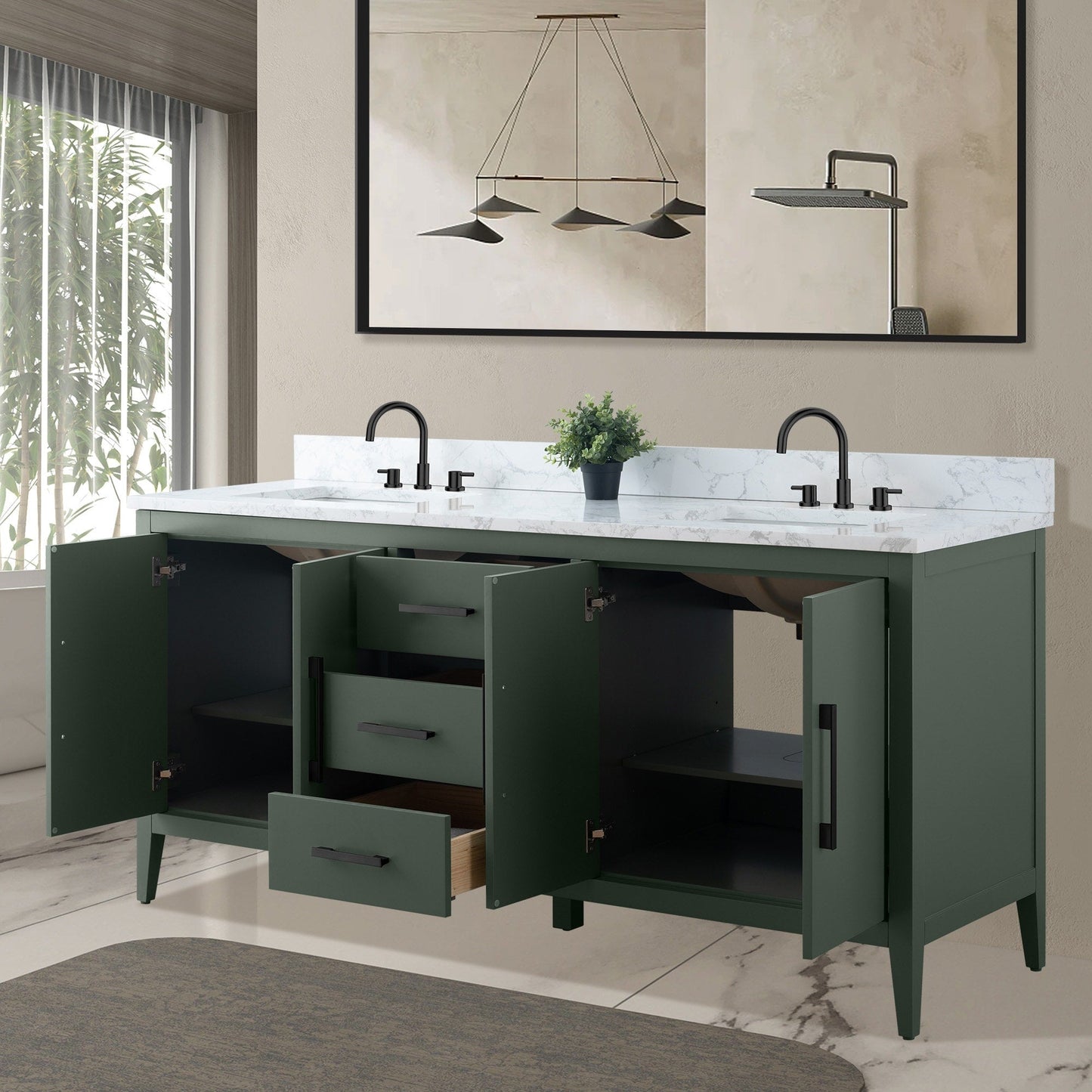 Meuble-lavabo double vasque Vanity Art 72 avec plateau en marbre reconstitué
