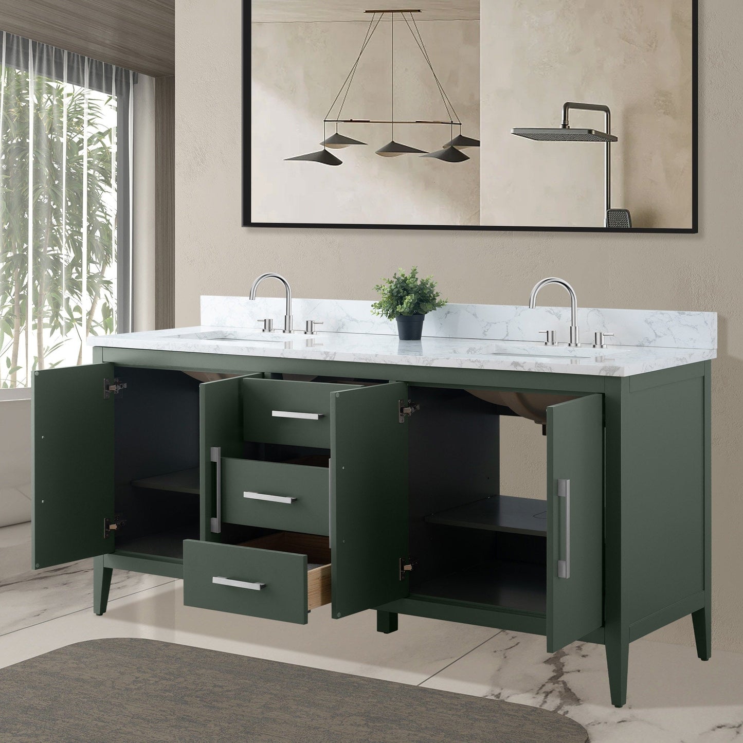 Meuble-lavabo double vasque Vanity Art 72 avec plateau en marbre reconstitué