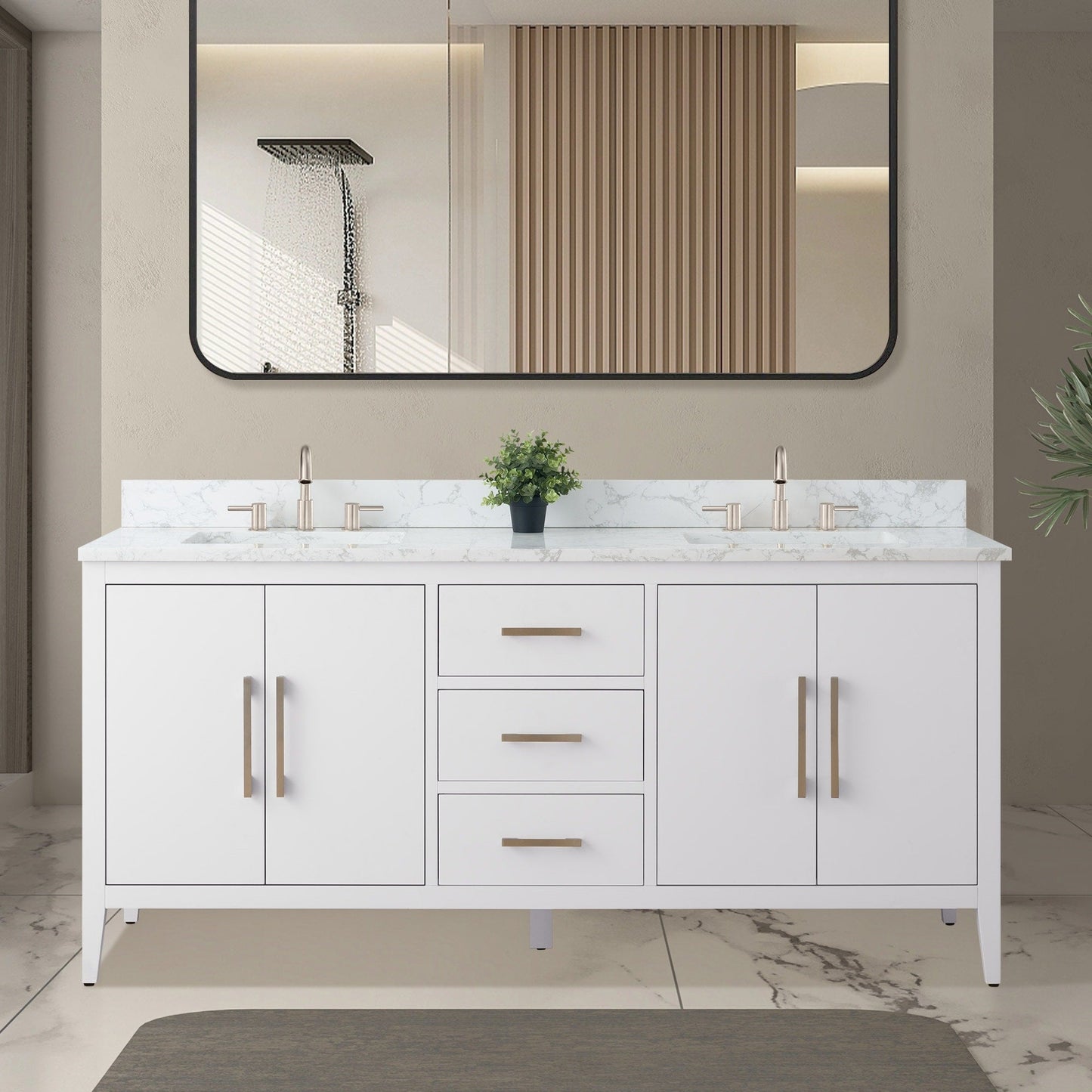 Meuble-lavabo double vasque Vanity Art 72 avec plateau en marbre reconstitué