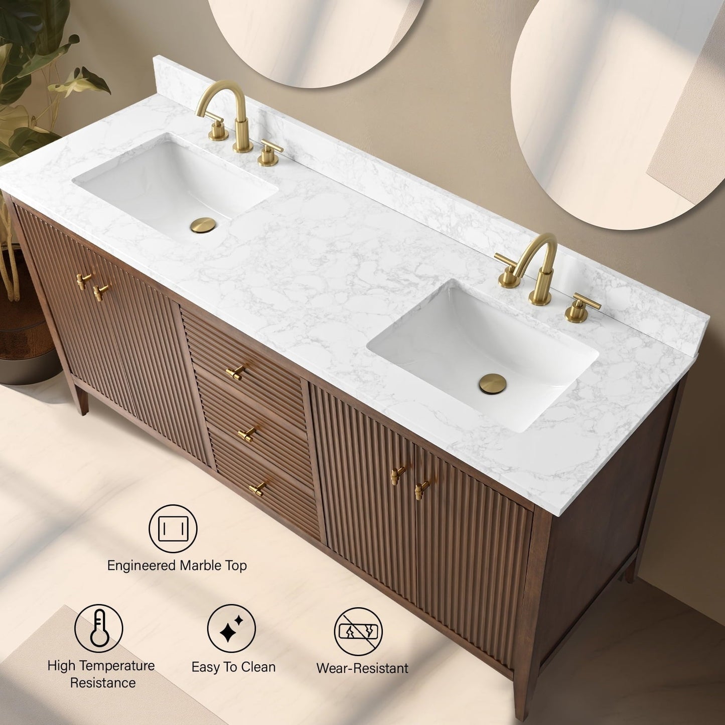 Meuble-lavabo double vasque Vanity Art 72 avec plateau en marbre reconstitué