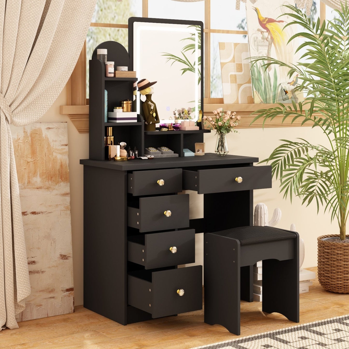 Ensemble de coiffeuse avec miroir et lampe, coiffeuse de maquillage avec tabouret