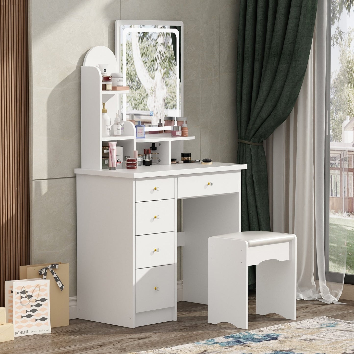 Ensemble de coiffeuse avec miroir et lampe, coiffeuse de maquillage avec tabouret