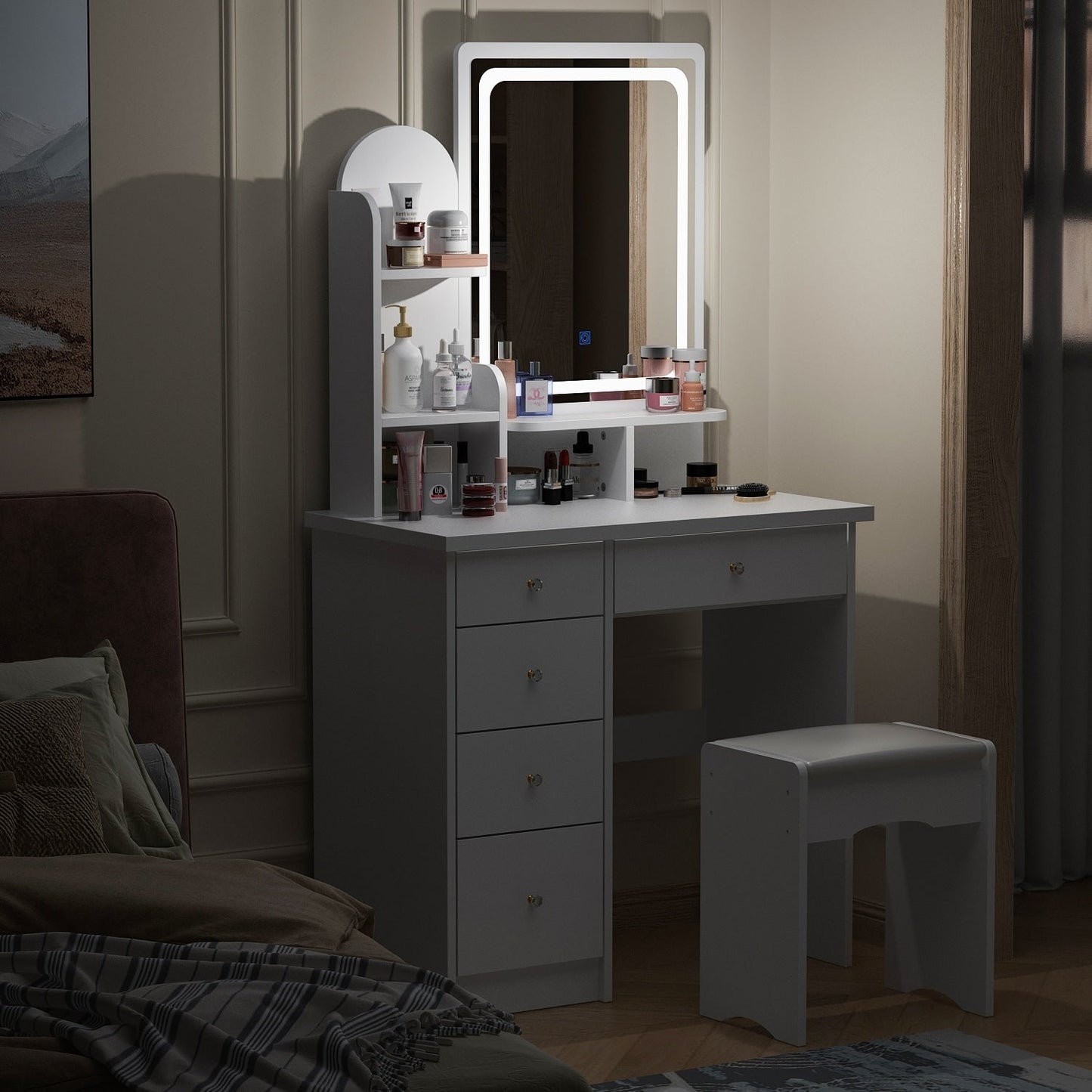 Ensemble de coiffeuse avec miroir et lampe, coiffeuse de maquillage avec tabouret