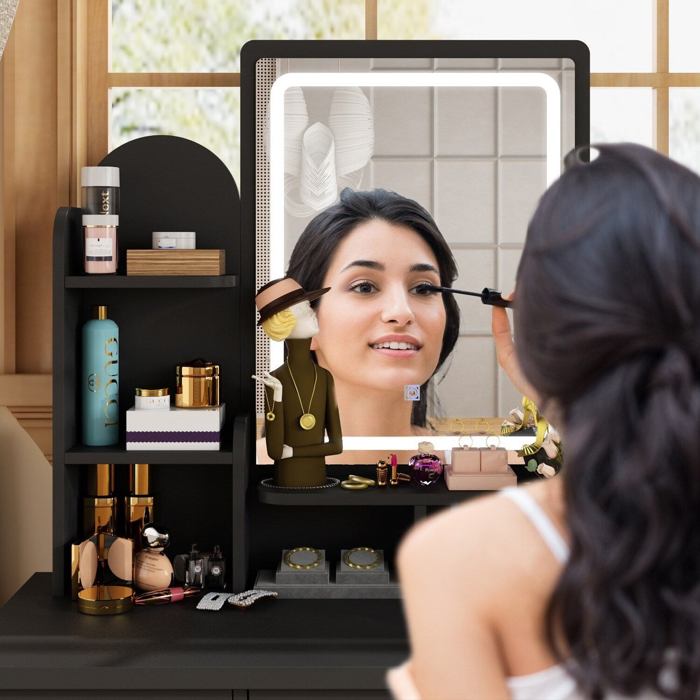 Ensemble de coiffeuse avec miroir et lampe, coiffeuse de maquillage avec tabouret