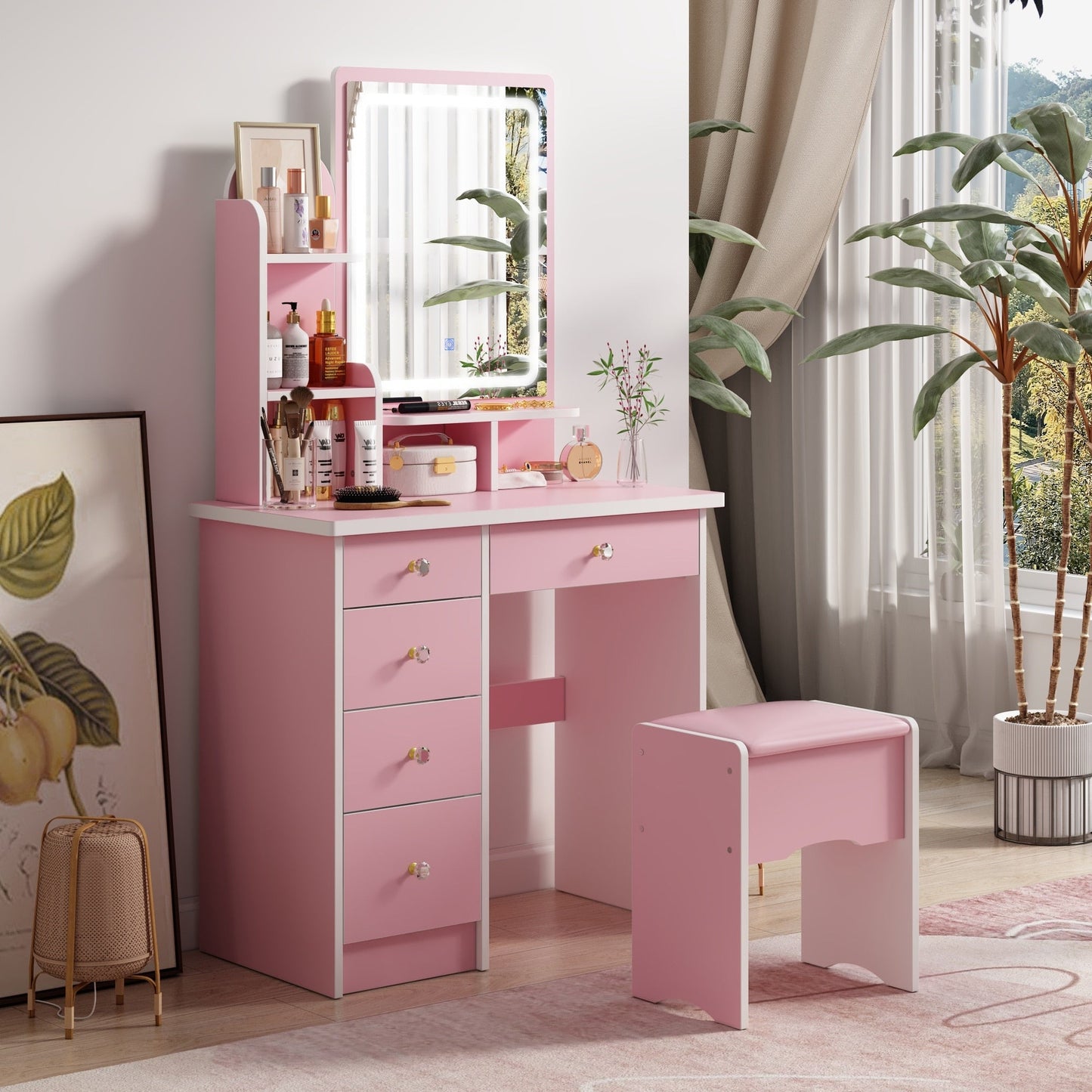 Ensemble de coiffeuse avec miroir et lampe, coiffeuse de maquillage avec tabouret