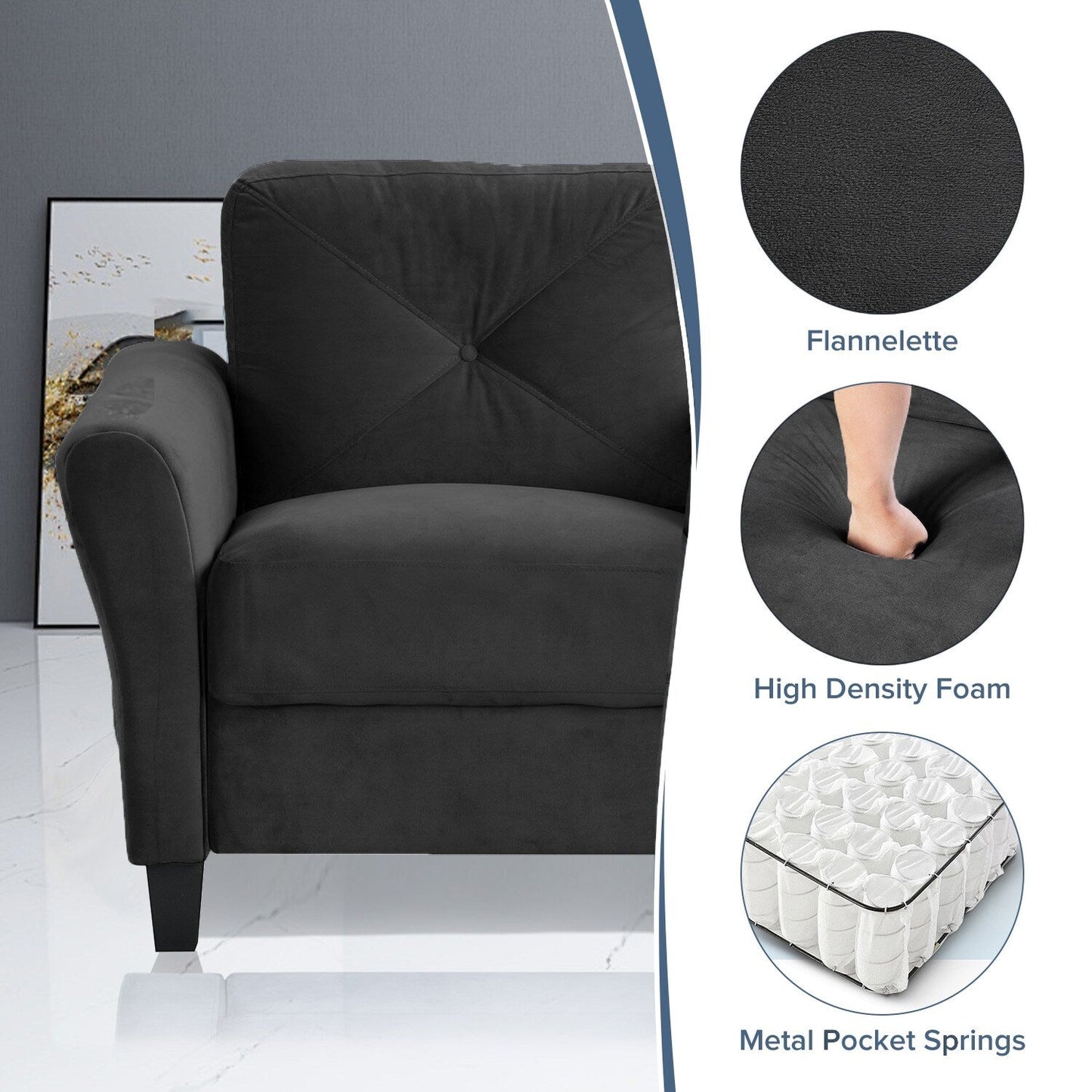 Velvet 3-Seater Sectional Sofa with Memory Foam Cushions