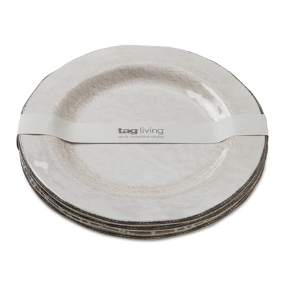Ensemble de 4 assiettes de table en mélamine solide émaillée craquelée Veranda de 10,75 po, lavables au lave-vaisselle, pour l'intérieur et l'extérieur, couleur ivoire