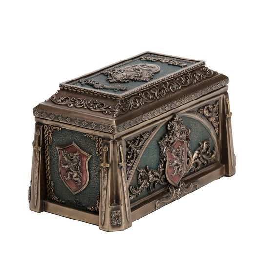Coffret à bijoux médiéval Veronese Design 9,3 H en bronze coulé à froid avec blason de lion