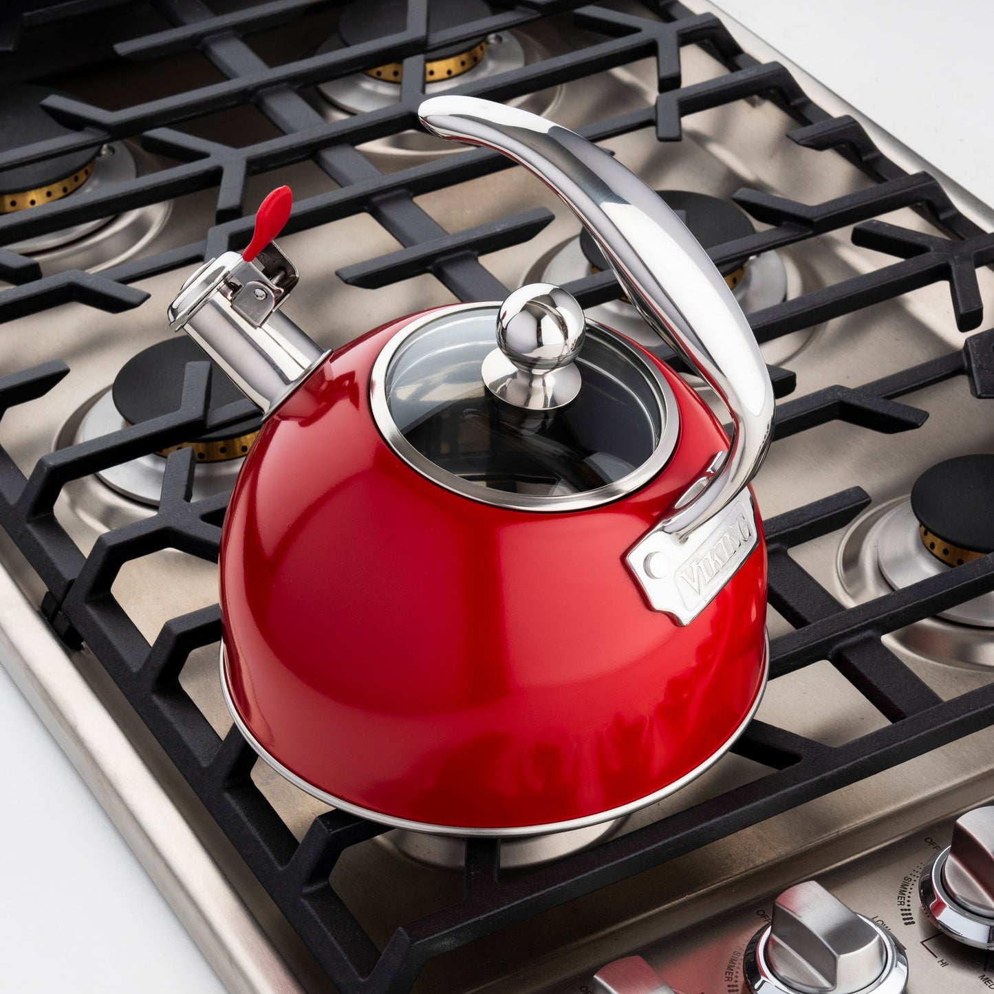Bouilloire sifflante Viking en acier inoxydable rouge de 2,6 litres avec base à 3 couches
