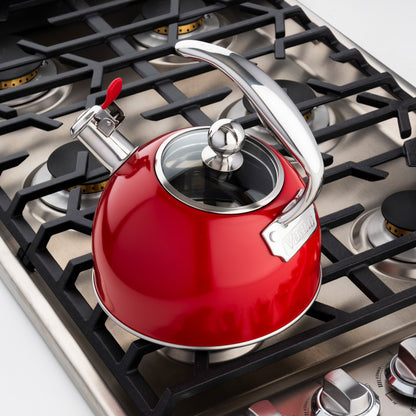 Bouilloire sifflante Viking en acier inoxydable rouge de 2,6 litres avec base à 3 couches
