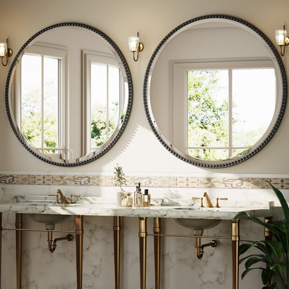 Miroir de salle de bain rond vintage avec cadre perlé
