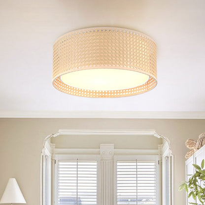 Plafonnier encastré moderne WINGBO à 3 lumières avec abat-jour tambour double en rotin et tissu