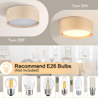 Plafonnier encastré moderne WINGBO à 3 lumières avec abat-jour tambour double en rotin et tissu