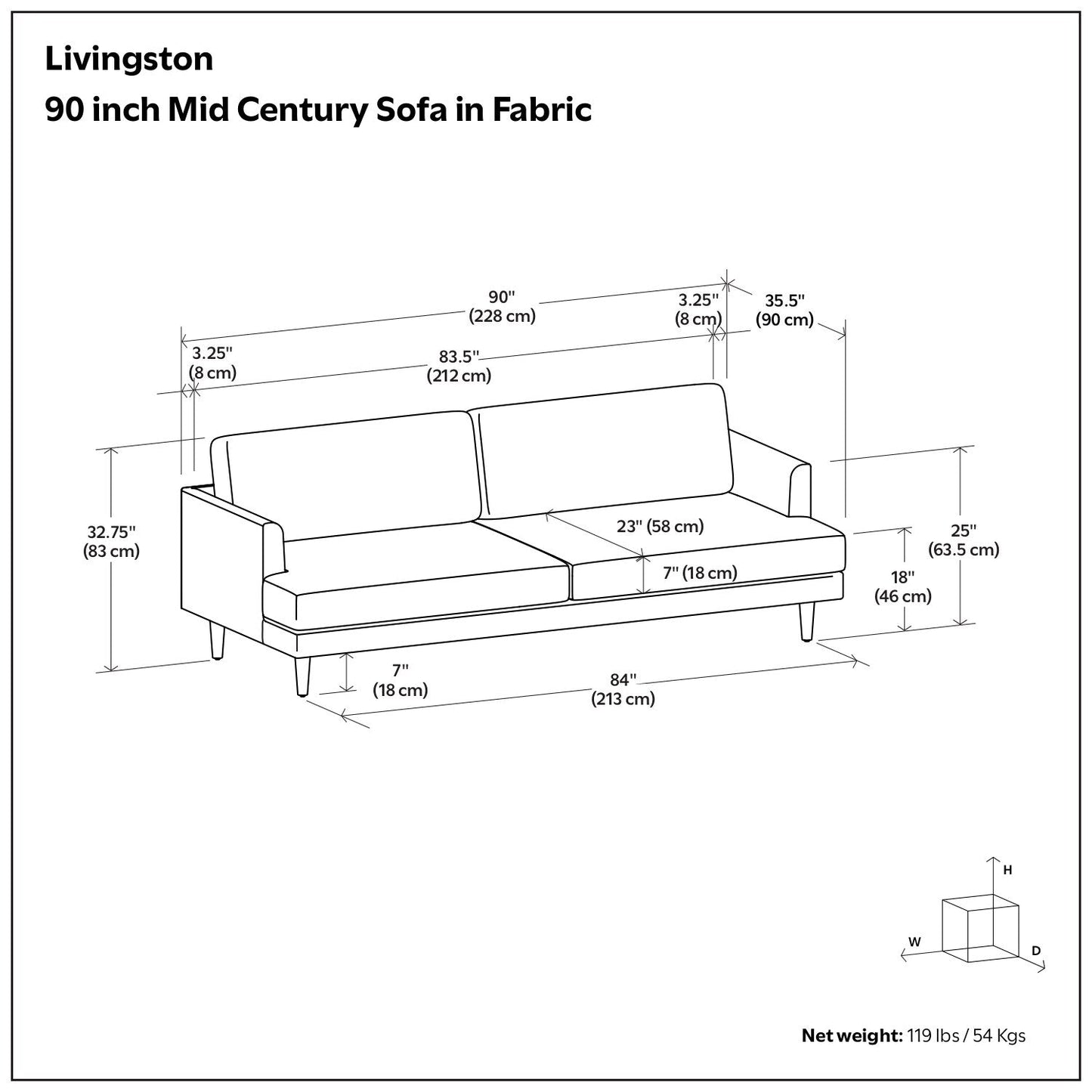 WYNDENHALL Chloris 90 inch Wide Mid-Century Modern Sofa -  90 W x 35.5 D x 32.75 H