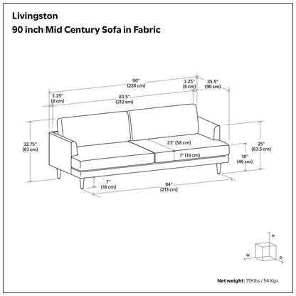 WYNDENHALL Chloris 90 inch Wide Mid-Century Modern Sofa -  90 W x 35.5 D x 32.75 H
