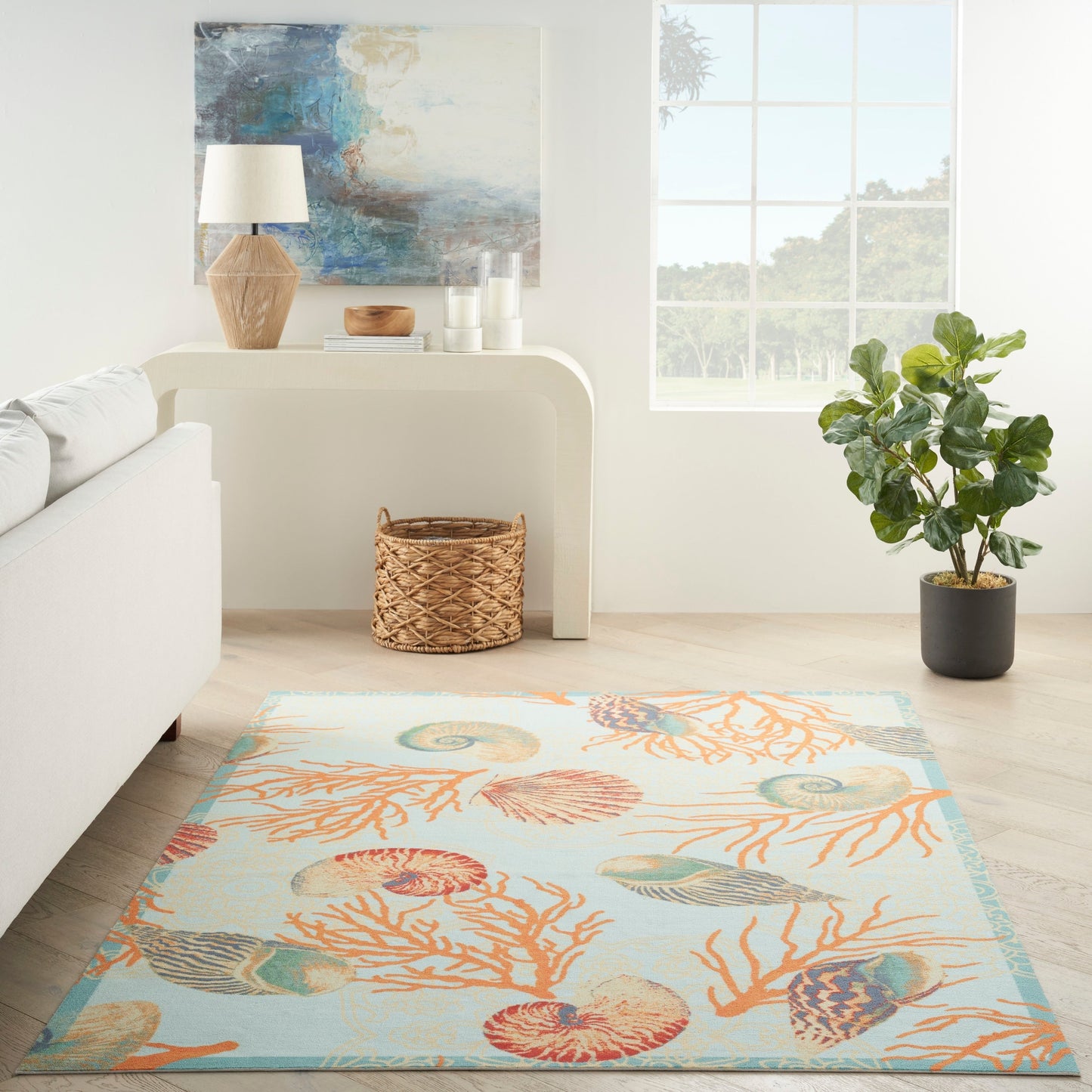 Tapis d'intérieur et d'extérieur Waverly Sun &amp; Shade Shore Thing à motif de coquillages tropicaux et floraux
