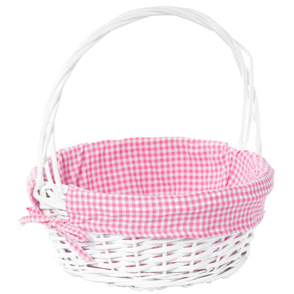 Panier-cadeau rond en osier blanc, avec doublure vichy et poignée