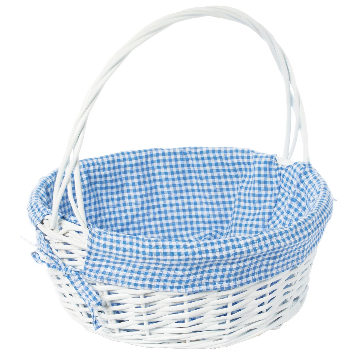 Panier-cadeau rond en osier blanc, avec doublure vichy et poignée