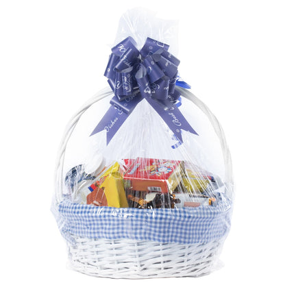 Panier-cadeau rond en osier blanc, avec doublure vichy et poignée