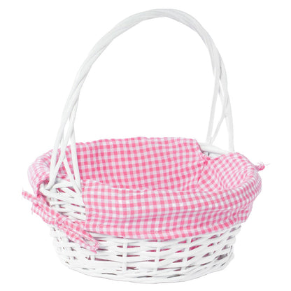 Panier-cadeau rond en osier blanc, avec doublure vichy et poignée