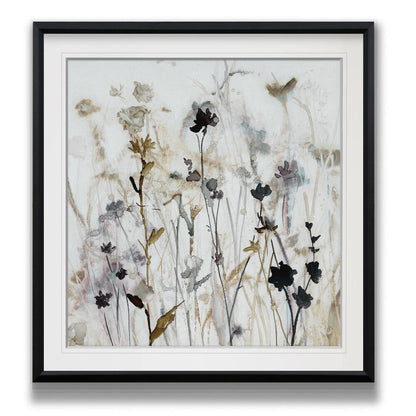 Wildflower Mist I - Impression encadrée personnalisée - bleu, blanc, gris, jaune, vert, argent, or