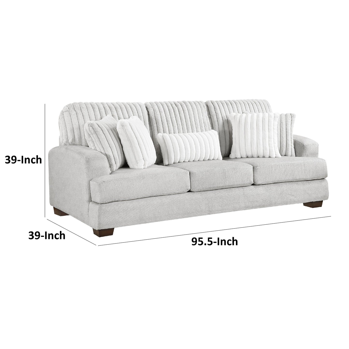 Witz Sofa, 96 Inch, 5 Pillows, Ribbed Texture Light Gray Corduroy