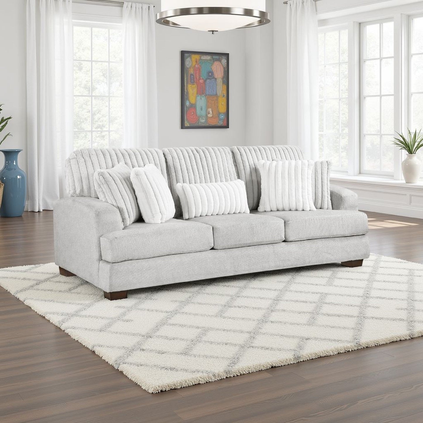 Witz Sofa, 96 Inch, 5 Pillows, Ribbed Texture Light Gray Corduroy