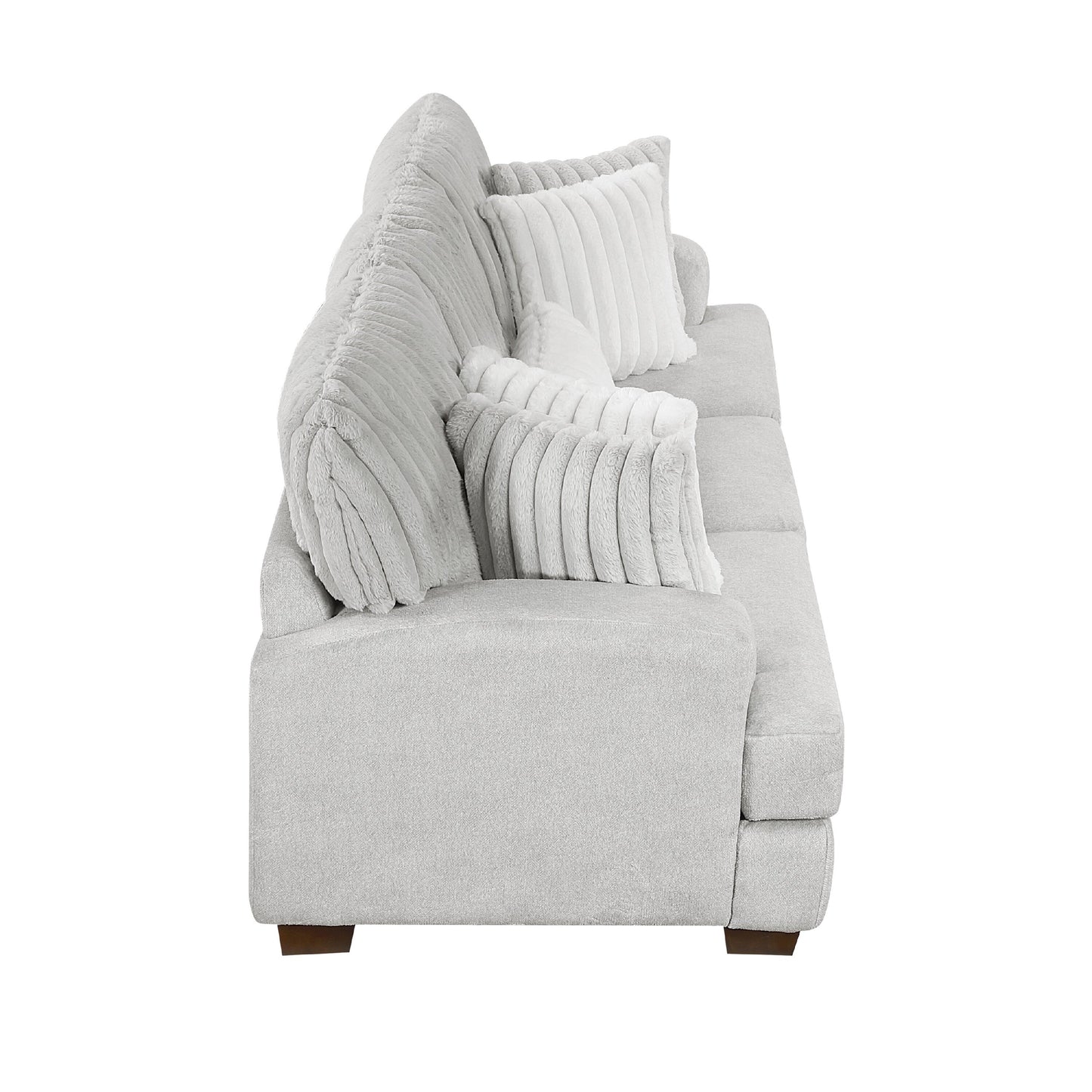 Witz Sofa, 96 Inch, 5 Pillows, Ribbed Texture Light Gray Corduroy