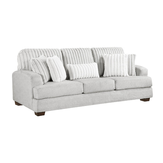 Witz Sofa, 96 Inch, 5 Pillows, Ribbed Texture Light Gray Corduroy