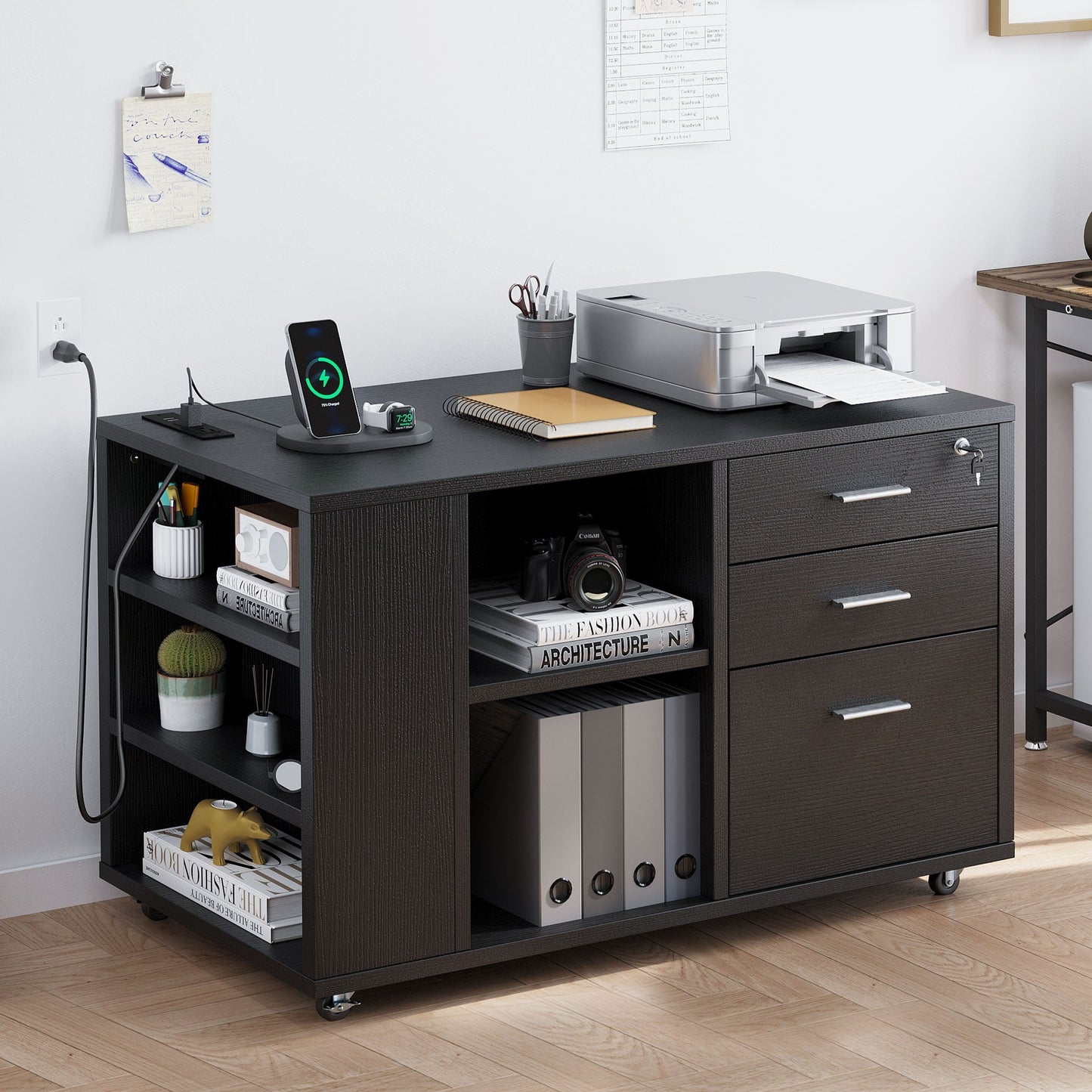 Classeur latéral mobile en bois avec station de charge verrouillable, compatible avec les dossiers de format A4, Lettre et Légal