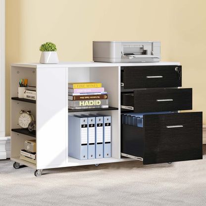 Classeur latéral mobile en bois avec station de charge verrouillable, compatible avec les dossiers de format A4, Lettre et Légal