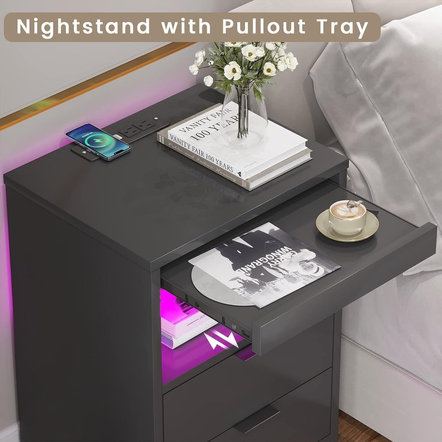 Table de chevet à 2 tiroirs avec LED, station de charge sans fil et étagère coulissante