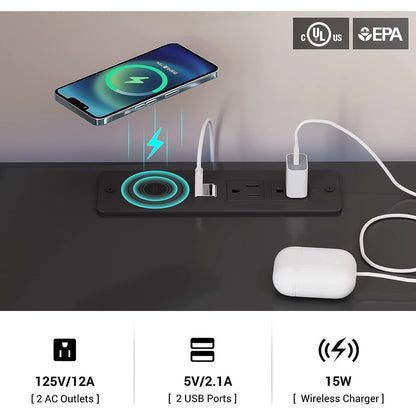 Table de chevet à 2 tiroirs avec LED, station de charge sans fil et étagère coulissante