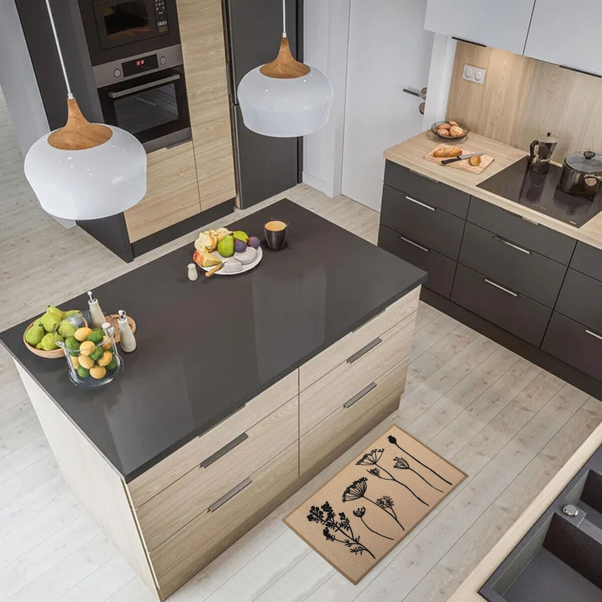 Tapis de cuisine ou tapis de couloir effet laine à motifs de fleurs sauvages
