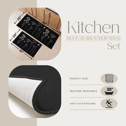 Tapis de cuisine ou tapis de couloir effet laine à motifs de fleurs sauvages