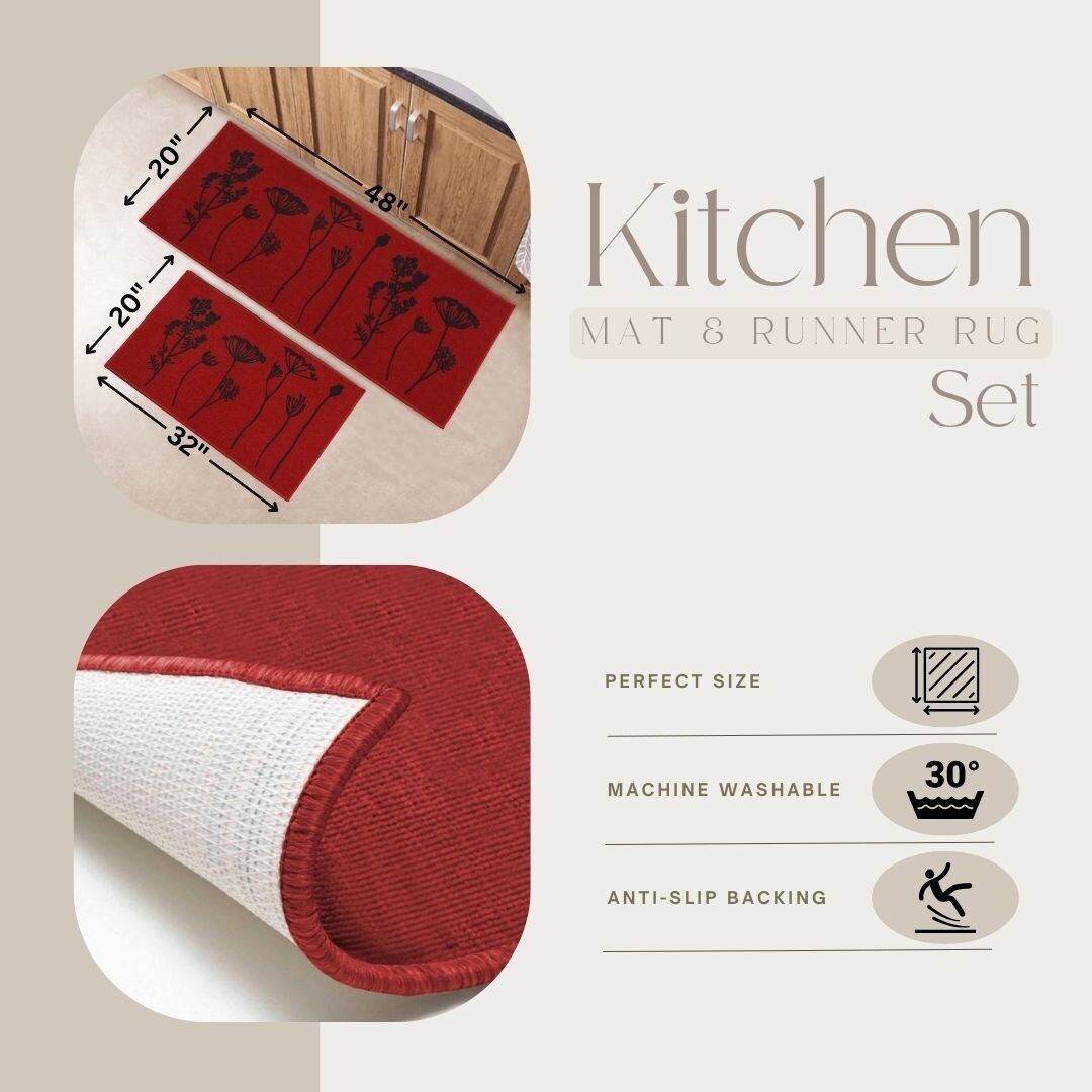 Tapis de cuisine ou tapis de couloir effet laine à motifs de fleurs sauvages