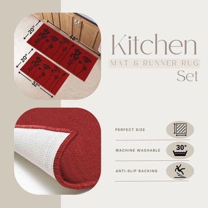 Tapis de cuisine ou tapis de couloir effet laine à motifs de fleurs sauvages