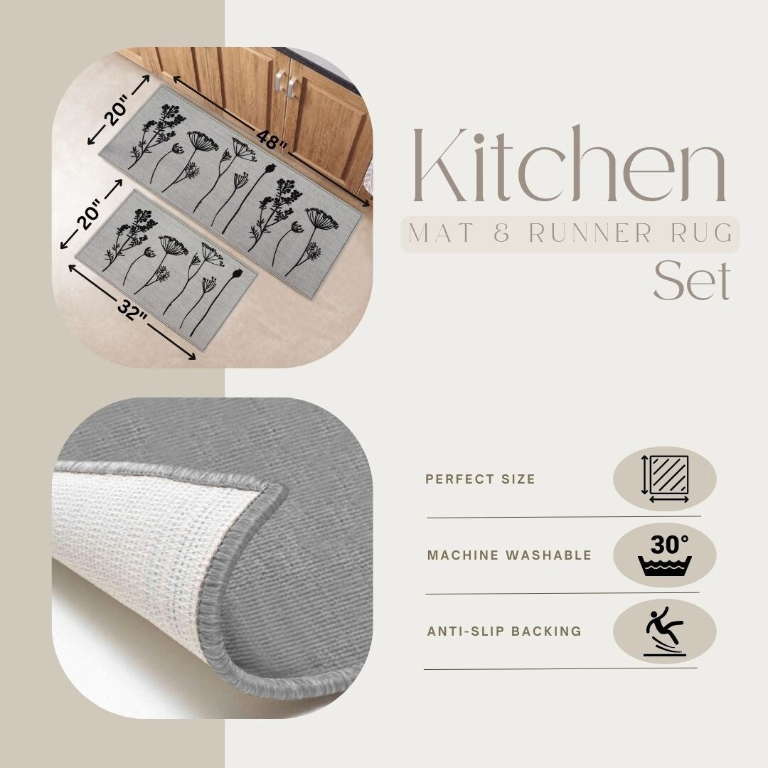 Tapis de cuisine ou tapis de couloir effet laine à motifs de fleurs sauvages