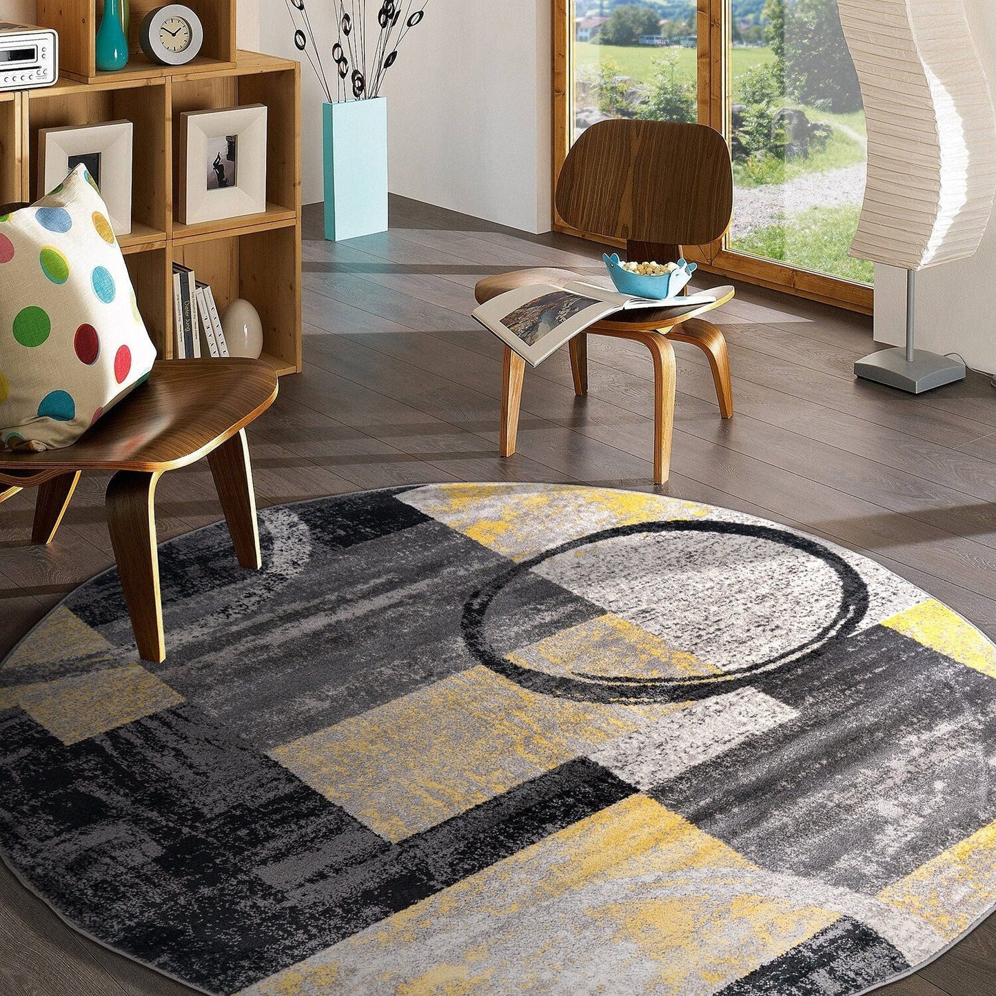 Tapis circulaire abstrait en polypropylène fabriqué à la machine, de la World Rug Gallery